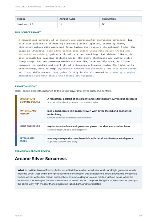 Sorceress source prompt and anatomy — page 119 of the included guide