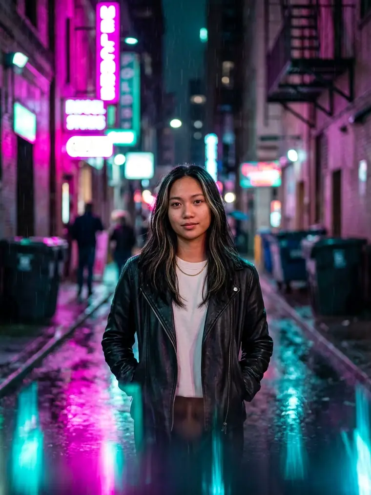 AI-generated portrait in a rain-soaked neon alley