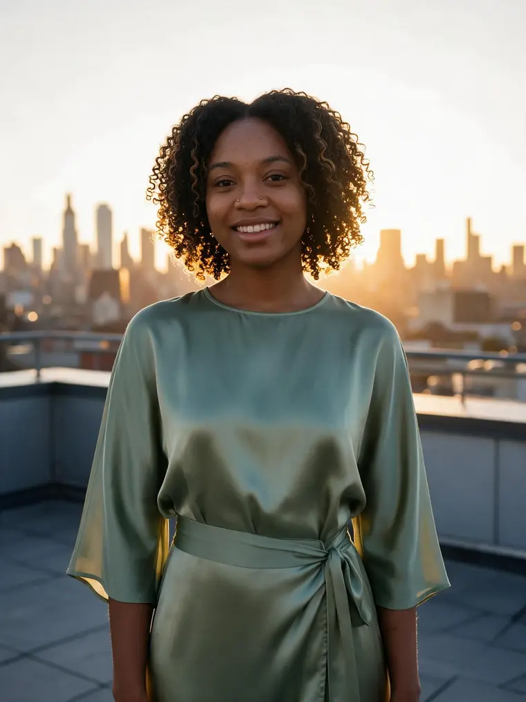 AI-generated rooftop portrait against a sunset skyline