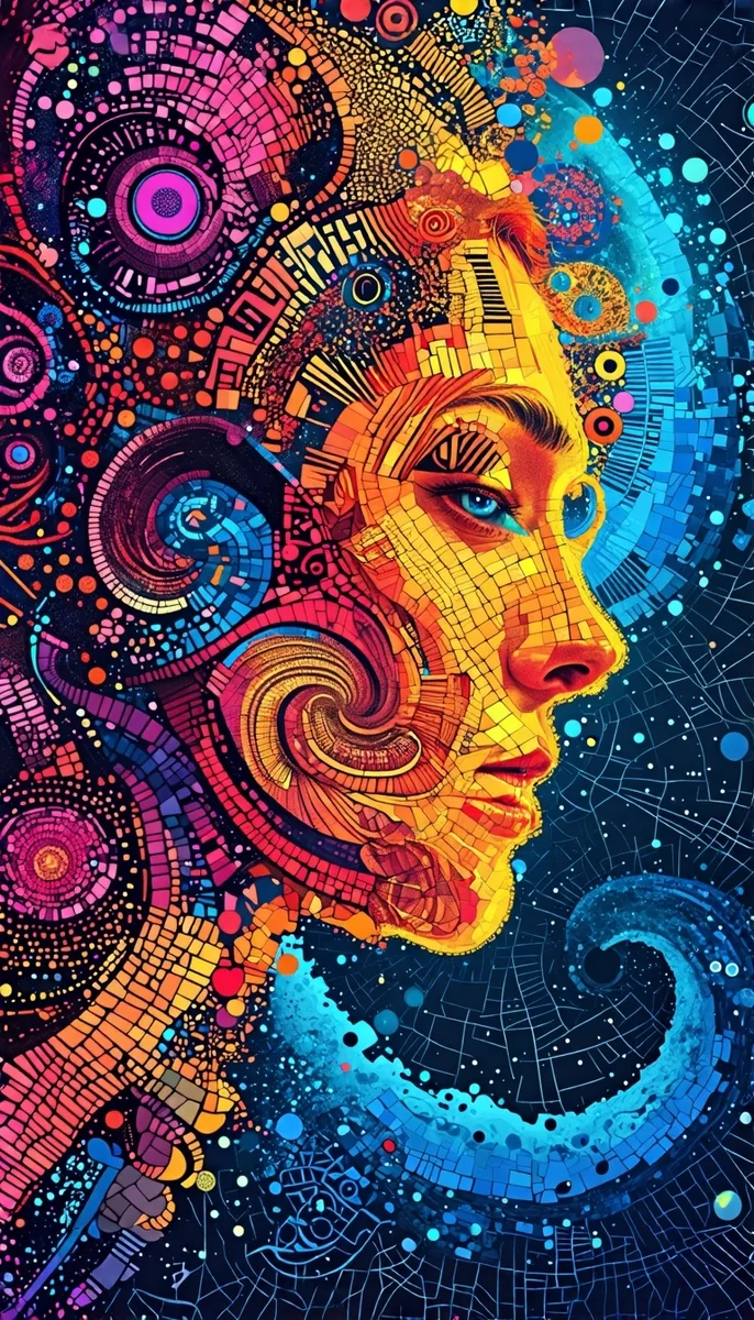 Um pôster digital vibrante mostrando o perfil de uma mulher adulta construído com azulejos de mosaico, espirais e circuitos fractais contra um fundo escuro estrelado. A iluminação de borda neon em magenta, amarelo, ciano e azul dá à visão lateral em close-up um clima futurista e psicodélico.