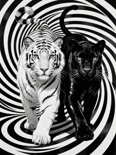Um tigre branco e uma pantera negra caminham lado a lado em direção ao observador, emergindo de um fundo preto e branco em espiral que cria uma ilusão de ótica de movimento. O estilo gráfico de alto contraste enfatiza as formas marcantes dos felinos contra as linhas hipnóticas.