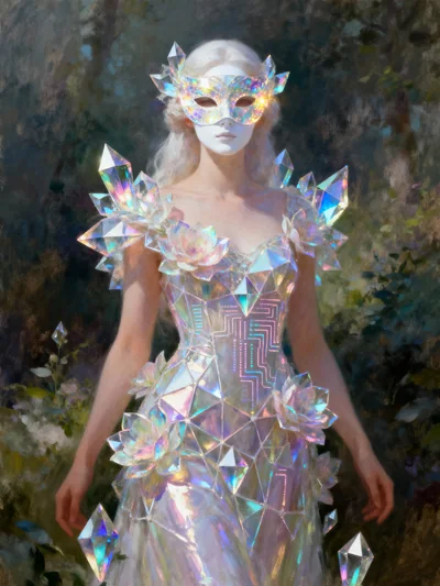 Uma figura pálida em uma máscara brilhante incrustada de joias e um vestido de cristal iridescente está de frente contra a folhagem verde escura da floresta. O vestido facetado contém flores de lótus de cristal e padrões brilhantes fracos semelhantes a circuitos, iluminados em brancos cintilantes, pratas e tons pastéis suaves.