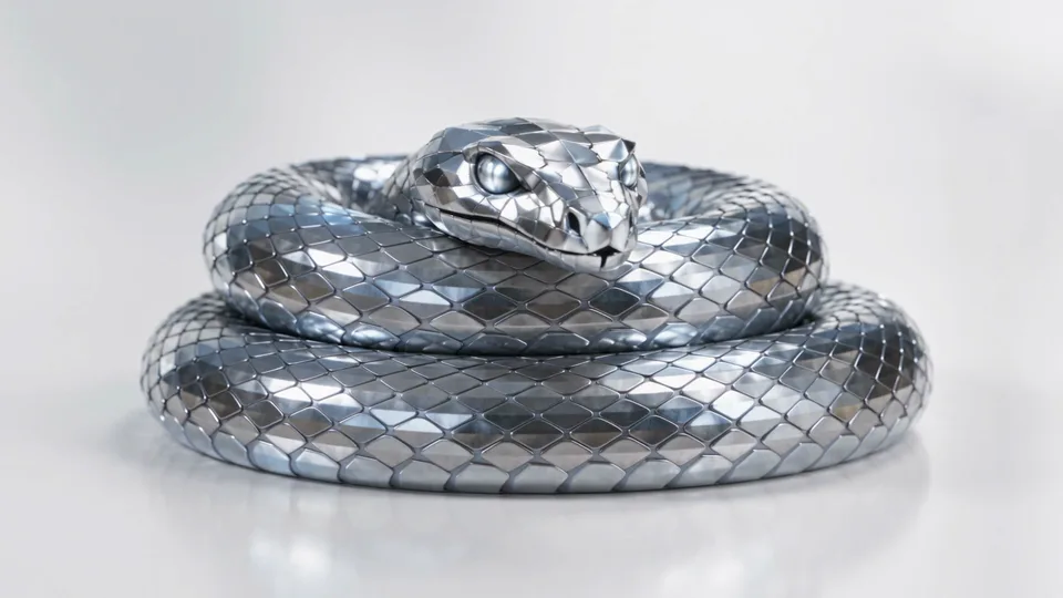 Uma cobra prata cromada altamente reflexiva com escamas facetadas se move em uma elegante forma de S por uma superfície branca pura. A câmera está posicionada em um ângulo médio, focando na cabeça e no corpo da cobra, com iluminação suave que acentua seu brilho metálico e sutis reflexos azul-gelo. O clima é elegante e moderno.