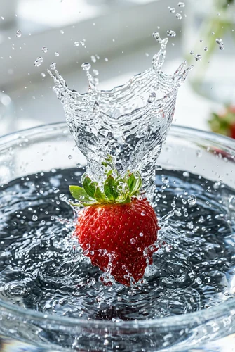 Uma fotografia macro captura um morango vermelho vibrante no meio de um respingo em águas cristalinas. A captura em alta velocidade congela a ação dinâmica, mostrando gotas de água suspensas no ar e um respingo poderoso emanando da fruta. A iluminação é brilhante e limpa, destacando as texturas do morango e da água. A perspectiva é em close, enfatizando os detalhes do momento.