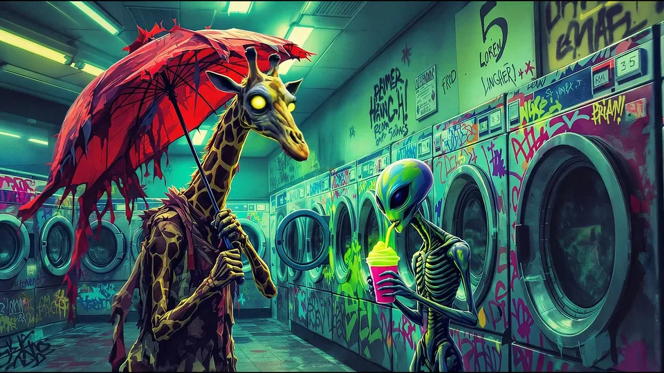 A fachada de uma lavanderia iluminada por neon ao anoitecer com uma figura surreal e antropomórfica semelhante a uma girafa segurando um guarda-chuva vermelho parada na porta aberta. A cena é frontal e simétrica, com perspectiva no nível dos olhos, com brilho neon rosa e verde-azulado vibrante, janelas cobertas de grafite e uma rua vazia de cidade pequena do lado de fora.