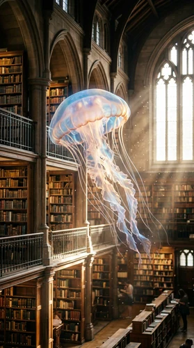 A glowing jellyfish floats through a grand multi-story library, seen from a balcony above the main floor. Sunbeams from arched windows light dust in the air, and the cool blues and purples of the jellyfish stand out against warm wooden shelves.