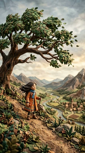 Uma charmosa cena de stop-motion em massinha mostra uma jovem com os cabelos ao vento, vestindo um casaco laranja e cachecol, de pé em um caminho na encosta ao lado de uma árvore grande e antiga. Ela segura um cajado e observa um vale em miniatura com um rio sinuoso, um vilarejo e montanhas ao fundo. A imagem usa baixa profundidade de campo, dando a ela um aspecto de diorama.