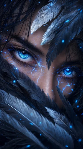 Um retrato em close extremo do rosto de uma mulher, fortemente emoldurado por penas escuras, exibe olhos azul-elétricos penetrantes com padrões brilhantes complexos. Marcas bioluminescentes sutis e faíscas azuis aumentam o clima etéreo e misterioso, capturado com iluminação dramática e escura.