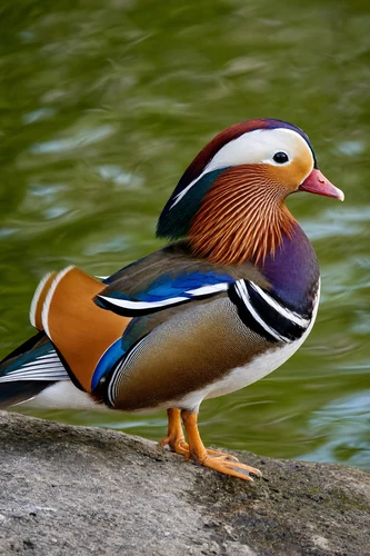 Um vibrante pato-mandarim está em uma rocha à beira da água. O pato exibe uma plumagem iridescente impressionante em tons de laranja, roxo, azul e branco. A câmera está no nível dos olhos do pássaro, capturando suas características detalhadas contra um fundo verde suavemente desfocado. A iluminação destaca as cores do pato, criando um retrato sereno, porém marcante.