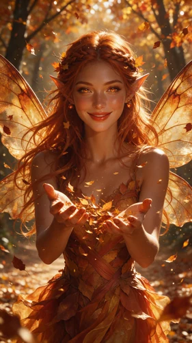 A close-up portrait of a radiant forest fairy with long, wavy copper hair adorned with autumn leaves. She has large, delicate butterfly wings in warm autumn tones and is smiling gently at the viewer while cradling falling leaves in her hands. The setting is a sun-dappled autumn forest, with a shallow depth of field and warm, golden lighting that enhances the magical and inviting mood.