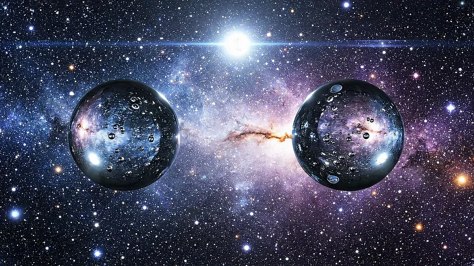 Um CGI fotorrealista simétrico e em close de um grande respingo/colisão de água contra um denso campo estelar e um fundo de nebulosa colorida. Gotas e camadas de líquido azul-prateado se arqueiam para fora e para cima, congeladas no meio do impacto com névoa fina, fragmentos e refrações internas visíveis. Retroiluminada por uma luz cinematográfica brilhante no centro superior, a composição parece dramática, surreal e em câmera lenta.