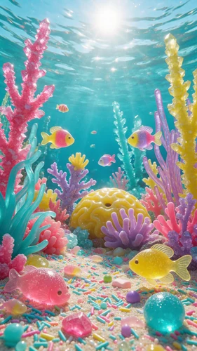 Uma cena subaquática retrata um recife de coral vibrante feito inteiramente de doces e guloseimas. Peixes de goma nadam entre galhos de açúcar cristal e anêmonas brilhantes, enquanto areia de granulado cobre o fundo do oceano. A luz do sol se filtra, criando padrões deslumbrantes nos elementos coloridos e translúcidos.