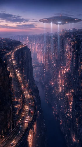 Uma megacidade imponente se estende pelas paredes íngremes de uma fenda profunda de um cânion, iluminada por inúmeras luzes quentes. Uma nave espacial em forma de disco paira acima, lançando poderosos feixes de luz. Uma rodovia com tráfego em movimento faz uma curva ao longo da borda de um penhasco, enquanto o fundo do cânion permanece escuro. A cena é renderizada de uma perspectiva elevada de três quartos, capturando a escala épica e o fascínio silencioso dessa civilização densa e brilhante ao anoitecer.