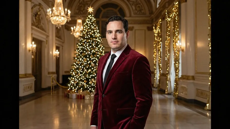 Um homem bem-vestido com uma jaqueta de veludo vermelho está no centro de um grande salão luxuoso e opulento, ricamente decorado para o Natal. O espaço magnífico apresenta tetos altos com molduras douradas complexas, grandes lustres cintilantes, colunas caneladas e um piso de mármore polido refletindo o brilho quente de inúmeras luzes. Duas grandes árvores de Natal bem iluminadas com decorações douradas ladeiam o homem, aumentando a atmosfera festiva e luxuosa.