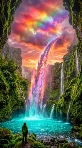 Uma figura solitária está diante de uma majestosa cachoeira que cai em uma piscina turquesa luminosa. A água se transforma em um espectro vibrante de cores, arqueando-se em direção a um céu iluminado por arco-íris, cheio de tons de pôr do sol em magenta, laranja e violeta. Um musgo exuberante e intensamente verde cobre os penhascos ao redor, criando uma paisagem natural surreal e mágica.