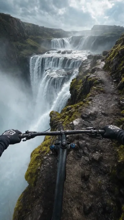 Um vídeo em perspectiva de primeira pessoa mostra um ciclista de montanha navegando por uma trilha estreita e rochosa ao lado de uma enorme cachoeira. A câmera está travada no guidão, avançando ao longo da beira do penhasco. O ambiente é nebuloso e nublado, com musgo verde exuberante cobrindo as rochas. O clima é aventureiro e um pouco precário.