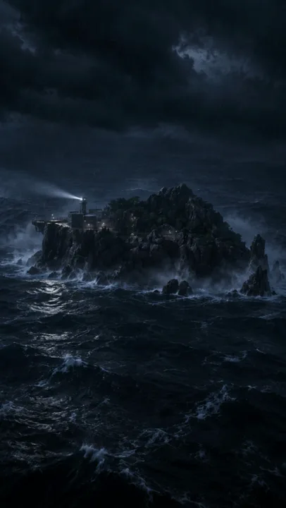 Uma cena dramática se desenrola enquanto ondas agitadas e escuras do oceano se agitam ao redor de uma ilha rochosa sob um céu escuro e tempestuoso. Uma estrutura solitária fica no topo da ilha, iluminada por uma luz de segurança brilhante que varre a cena. O clima geral é sinistro e intenso.