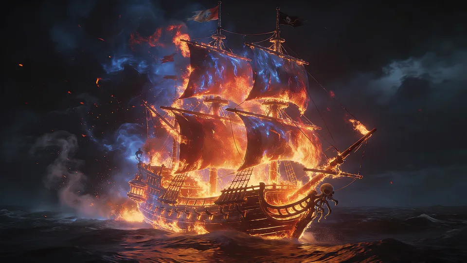 A majestic pirate galleon is consumed by raging infernos as it navigates turbulent, dark ocean waters under a stormy sky. The dramatic scene captures the ship in a state of epic destruction, with flames illuminating the sails and hull against the gloom. The perspective is a medium shot from the side, emphasizing the vessel's perilous journey.