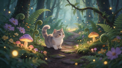 Um gatinho felpudo está em um caminho de pedra em uma floresta encantada, cercado por cogumelos brilhantes e vaga-lumes mágicos. A câmera está em um ângulo baixo, capturando o olhar curioso do gatinho para a floresta exuberante e nebulosa. Uma iluminação suave ilumina a cena, criando um clima lúdico e aventureiro.