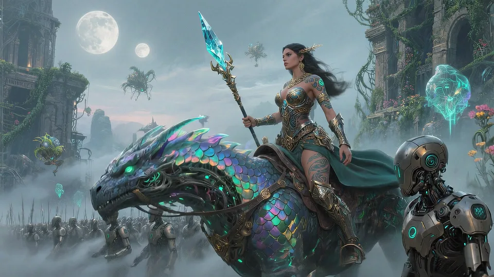 Uma poderosa guerreira com armadura dourada e verde-azulado lidera um exército de figuras humanoides blindadas sobre uma majestosa criatura iridescente semelhante a um dragão por uma paisagem etérea e nebulosa. A cena apresenta ruínas antigas e cobertas de vegetação e estruturas flutuantes fantásticas sob duas luas cheias, com iluminação suave e difusa. A perspectiva de plano médio e ângulo levemente baixo evoca uma fusão épica, mística e inspiradora de fantasia e ficção científica.
