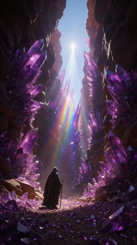 Uma figura solitária encapuzada com um cajado caminha por um cânion estreito cheio de imensos cristais violetas. Um raio de sol perfura o céu acima, refratando-se em um espectro de arco-íris nas formações de cristal e nas paredes do cânion. A perspectiva de ângulo baixo enfatiza a escala imensa e a iluminação dramática, criando um clima épico e avassalador.
