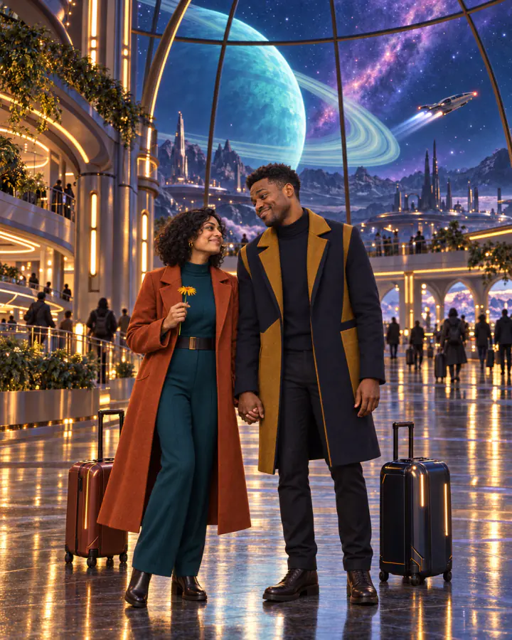 La misma pareja junta en un puerto espacial futurista bajo un planeta con anillos.
