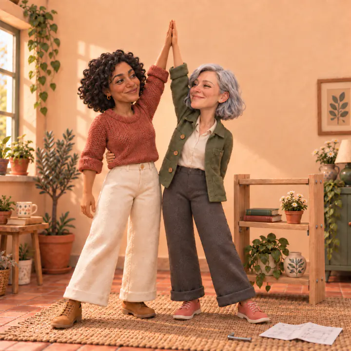 La misma pareja de plastilina celebrando su estante terminado chocando los cinco.