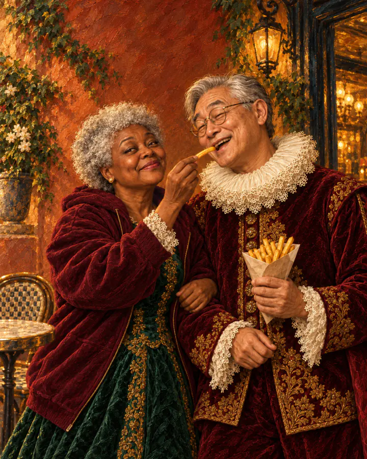 La misma pareja mayor riendo y compartiendo papas fritas en una cálida pintura al óleo.