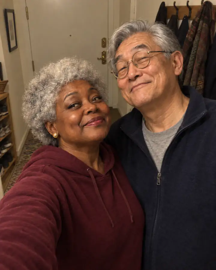 Una pareja mayor tomando una selfie casual con el teléfono en el pasillo de un apartamento.